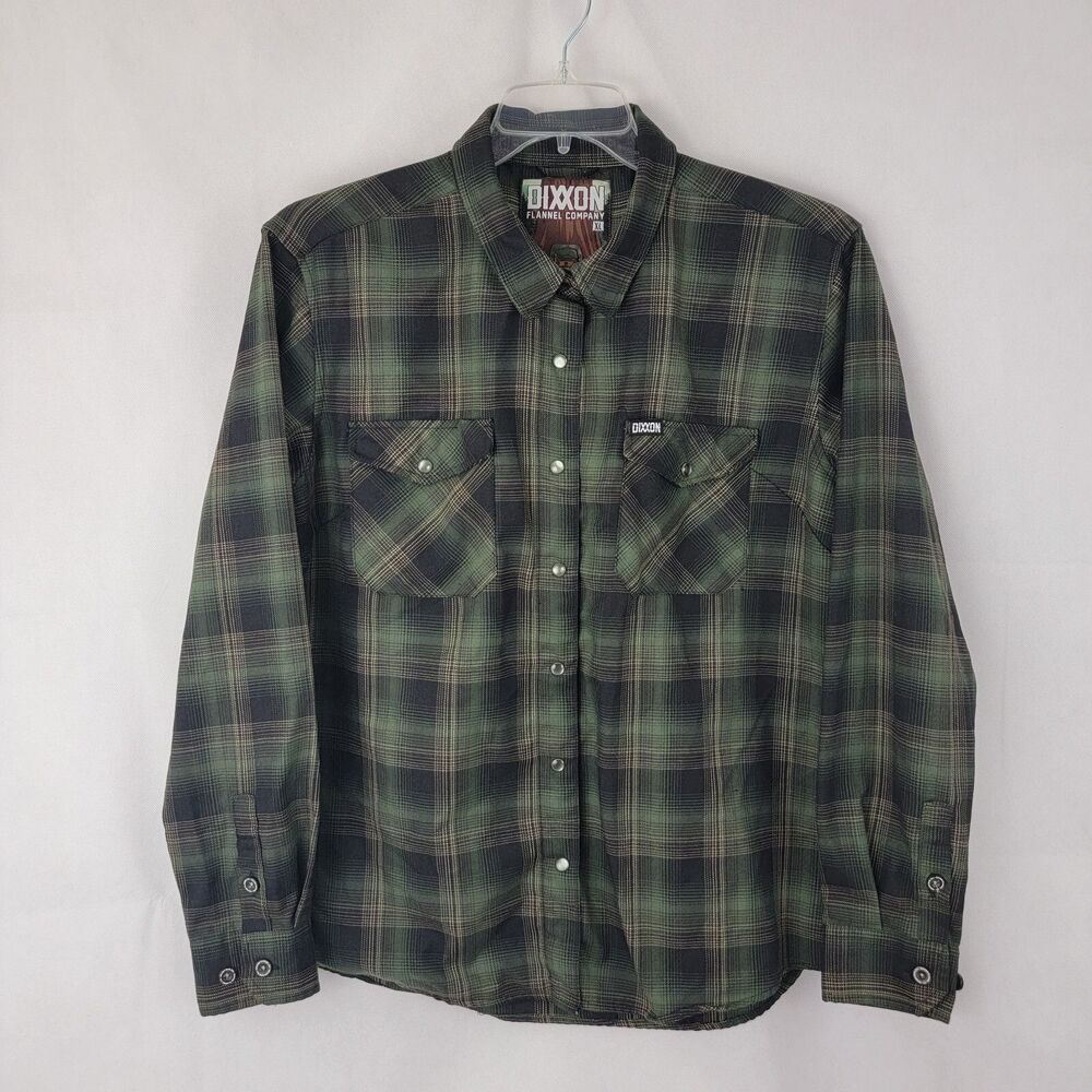 DIXXON Womens Sz XL Shirt The Burlington GREEN Flannel Plaid Metal Pearl Snap
